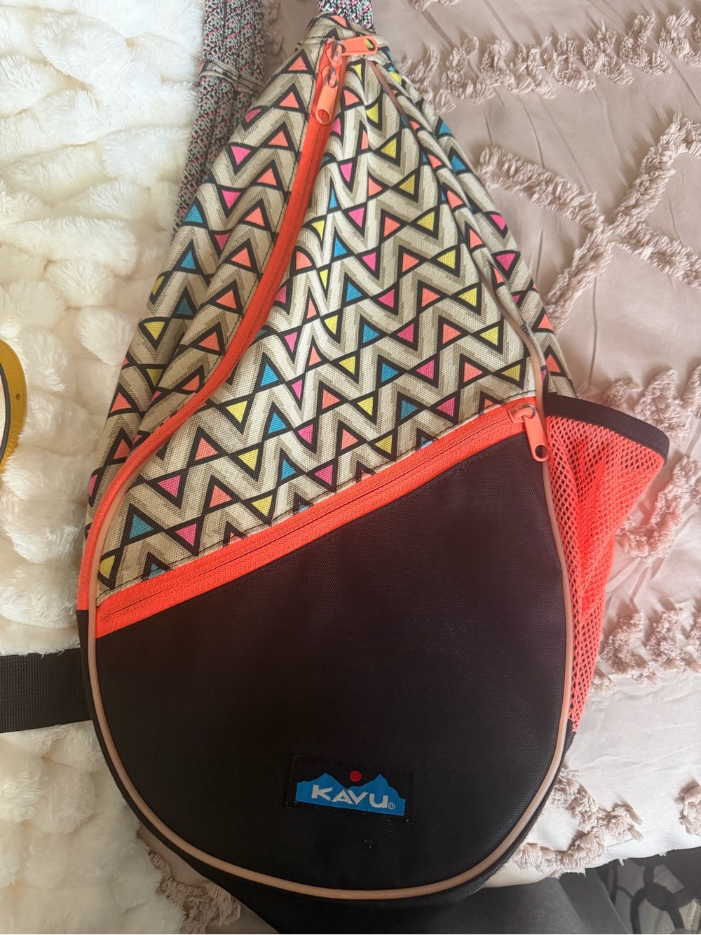 Kavu Multicolor Triangle-Print Sling Backpack with Coral Trim